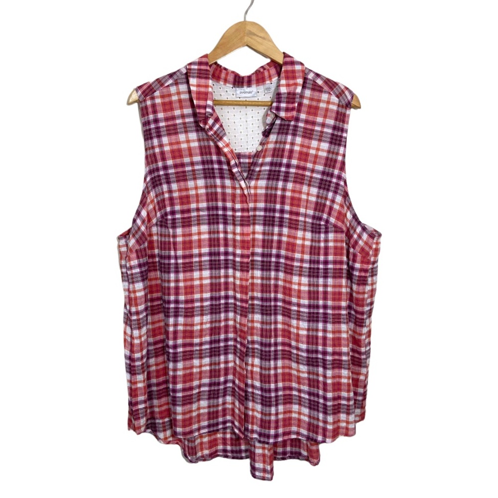 Avenue Women's Size 22/24 Plaid Button Up Sleeveless Top Eyelet Detail On Back